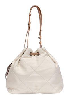 Hold everything and anything you wish in this leather bucket bag from Lanvin! Made with ultra-soft Italian leather, this large shoulder bag can hold even you largest daily essentials with ease. Whether you're going to the office, or just running errands, you can be sure that you'll have what you need. Made in Italy Soft quilted leather Silver-toned hardware Bucket style bag with drawstring closure Adjustable shoulder strap Two interior slip and zippered pocket Width 16" Height 13" Depth 6" Handl Versatile Cream Leather Shoulder Bag, Versatile Cream Leather Bag, Versatile Beige Leather Bucket Bag, Cream Satchel Bucket Bag, Cream Leather Bucket Satchel, White Leather Casual Hobo Bag, Cream Leather Bags With Large Capacity, Cream Leather Bag With Large Capacity, Cream Leather Bucket Bag