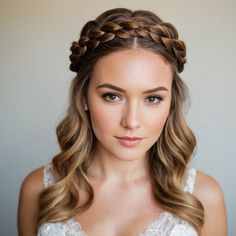 a woman with long hair wearing a wedding dress and braid in her hair is looking at the camera