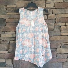 Floral Asymmetrical Tank Top With Button Detail New With Tags. Pit To Pit 19" Shoulder To Hem 27-31" Asymmetrical Tank Top, Button Detail, Sleeveless Top, Color Blue, Womens Tops, Tank Top, Tank Tops, Tags, Floral