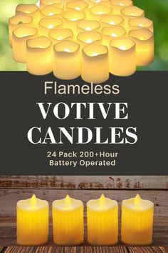 candles with the text flameless votive candles 24 pack 200 hour battery operated on them