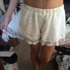 Nwt Lace Shorts. One Size Fits All. Bought In Japan. Stretchy. I'm 5'5 Spring Beige Bottoms With Lace Trim, White Bottoms With Lace Trim For Spring, Cream Stretch Short Bottoms, Feminine Cream Bottoms For The Beach, Feminine Cream Bottoms For Beach, Feminine Cream Beach Bottoms, Casual White Pants With Lace Trim, Short Length Bottoms With Lace Trim For Day Out, Short Lace Trim Bottoms For Day Out