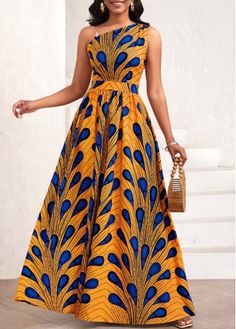 Color:Orange;Size:S;Size:M;Size:L;Size:XL;Size:XXL;Package Contents:1 X Dress;Occasion:Other;Style:Casual; African Marketplace, One Shoulder Maxi Dress, Spring Styles, Easter Outfit, Sleeveless Shift Dress, African Dresses For Women, Feather Print, African Attire, Sleeveless Maxi Dress