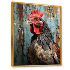 a rooster standing in front of a rusty wall