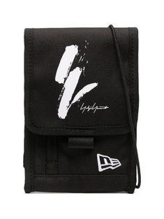 black/white mesh panelling logo print to the front embroidered logo to the front foldover top with touch-strap fastening front zip-fastening pocket main compartment Embroidered Pouch, White Mesh, Yohji Yamamoto, Pouch Bag, Phone Bag, Phone Case Accessories, Logo Embroidered, Logo Print, Bag Accessories