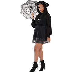 Black Spooky Party Dress, Spooky Black Party Dress, Black Witch Costume, Sheer Polka Dot Top, Thigh Skirt, Witch Accessories, Gothic Pattern, Witch Costumes, Wedding Tableware