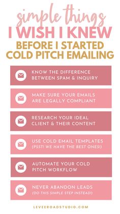 a pink and white poster with the words, simple things i wish knew before i started cold pitch emailing