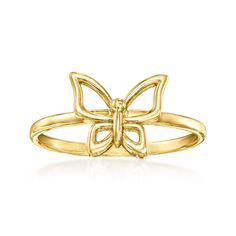 Ross-Simons - 14kt Yellow Gold Butterfly Ring Size 7. RS Pure. Modern designs that complete your outfit and complement your personality. Handcrafted with a dainty design, this 14kt yellow gold open-space butterfly ring is a simple and sweet style for your stacks! 3/8" wide. 14kt yellow gold butterfly ring. Space Butterfly, Gold Butterfly Ring, Jewelry Presentation, Yellow Butterfly, Butterfly Ring, Gold Butterfly, Timeless Jewelry, Sweet Style, Open Space