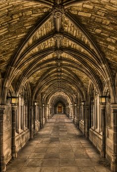 an image of a long hallway with arches and pillars on both sides that lead into another room