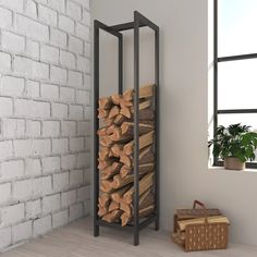 a stack of firewood sitting next to a window in a room with brick walls