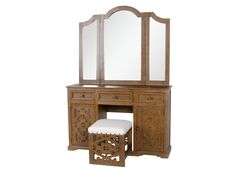 a wooden dressing table with mirror and stool