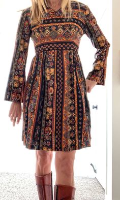 "Extremely cute vintage dress! Any season any occasion! Measurements Shoulder-Hem 35\" Bell Sleeve 22\".  Opening 14\" Bust 34\" Waist 28\"" Vintage Boho Print V-neck Dress, Fitted Multicolor Boho Print Dress, Multicolor Paisley Print Dresses For Fall, Casual Fitted Vintage Dress For Fall, Multicolor Long Sleeve Dresses With Vintage Print, Multicolor Long Sleeve Dress With Vintage Print, Fitted Mini Dress With Paisley Print, Vintage Long Sleeve Printed Dress, Vintage V-neck Patterned Dresses