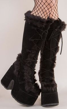 Get ready for the warm fuzzies! With fur detail and faux suede. these platforms are perfect when you want to feel like you're in a winter wonderland all year round. Vegan Black faux fur/suede 5 inch platform 3 inch heel Side zipper U.S women's sizing-refer to size chart for more info Cheap Ankle-high Synthetic Boots, Plus Knee High Boots, Boots Plus, Boots Elegant, High Platform Boots, Boots High, Outfit Winter, Calf Boots, Mid Calf Boots