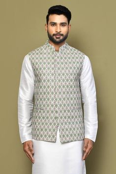 Green sleeveless bundi with all over blossom motif print. Paired with a white full sleeves plain kurta and a pant. - Aza Fashions Plain Kurta, Kurta Set For Men, Fashion App, Kurta Set, Full Sleeves, Aza Fashion, Full Sleeve, Blossom, For Men