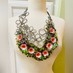 Fabulous Vera Wang Couture Collection.Large Statement Avant-Garde Necklace ~ Wire Rhinestone Flowers With Pink And Green Sequin Cluster 3-D Flowers~ Organza Ribbon Tie. Purchased From Neiman Marcus $650. New /Never Worn Condition. Making An Entrance “Fashion Is Art” Glamorous Pink Evening Necklaces, Pink Crystal Beaded Necklaces For Party, Elegant Multicolor Embellished Necklaces, Vera Wang Couture, Vera Wang Necklace, Bohemian Jewelry Earrings, Vera Wang Jewelry, Sequin Flowers, Sapphire Diamond Pendant