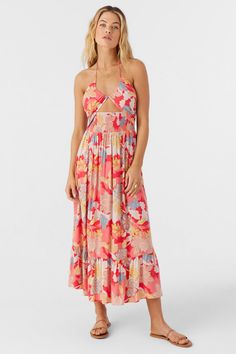 KYNLEE ANTALYA FLORAL MIDI DRESS Spring Vacation Halter Dress With Tiered Design, Spring Tiered Halter Dress For Vacation, Halter Neck Midi Dress With Floral Print, Spring Tiered Skirt Halter Dress, Tiered Sundress Halter Dress For Vacation, Multicolor Floral Print Halter Sundress, Multicolor Floral Print Halter Dress For Spring, Spring Floral Print Maxi Halter Dress, Spring Multicolor Halter Dress With Floral Print