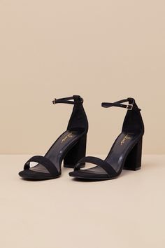 You're certain to step up your style essentials when you add the Lulus Arylee Black Suede Ankle Strap Heels to your closet! Soft faux suede shapes a single toe strap, an almond-shaped toe bed, and a wrapped block heel. A dainty ankle strap rises from the sturdy heel cup and secures with a gold buckle. 3" wrapped block heel. Cushioned insole. Felted rubber sole has nonskid markings. All Man Made Materials. Imported. Lulus | Arylee Black Suede Ankle Strap Heels. Bridesmaids Shoes Black, Black Heels With Gold Accent, Prom Short Heels, Black Heels Block, Shoe Inspo Heels, Black Homecoming Heels, Heels For Black Dress, Thrift Heels, Heels Classy Elegant Black