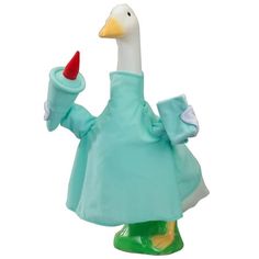 a toy duck wearing a blue dress and holding a red object in it's hand