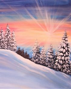 a painting of snow covered trees in front of a sunset