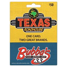 a card with the words, texas roadhouse and two great brands on it's front