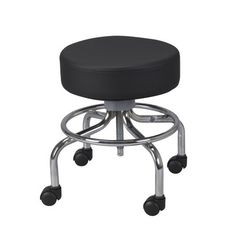 a black stool with wheels and casteors