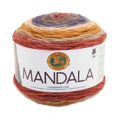 a ball of yarn with the words mandala on it in red, yellow and purple