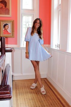 Blue puff sleeve mini dress with scallop edged detail. Puff Sleeve Mini Dress, Cocktail Dress Formal, Summer Bikinis, Shoes Sandals Heels, Boot Accessories, Romper Pants, Mini Dress With Sleeves, Denim Pants, Graduation Dress