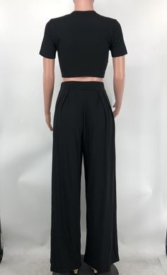 Solid Short Sleeve Crop Tops Wide Leg Pants Suit