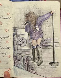 a drawing of a girl standing on top of a stove