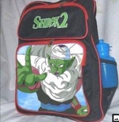 a back pack with an image of the character shrap2 on it's side