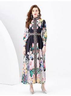 Orchestrating a symphony of floral elegance, this dress is a wondrous blend of colorful blooms set against a soft ivory backdrop. Its long sleeves and high neck collar exude a regal charm, accentuated by a rich tapestry of botanical motifs in vibrant hues that seem to tell tales of hidden gardens in full bloom. The slim waist is defined by a delicate, patterned belt that leads to a gently pleated skirt, allowing the fabric to cascade gracefully to mid-calf length. Ethereal and sophisticated, thi Hidden Gardens, Ivory Backdrop, Botanical Motifs, High Neck Collar, Sleeveless Dresses Casual, Flounce Skirt, Push Up Swimsuit, White Maxi, Pink Midi Dress