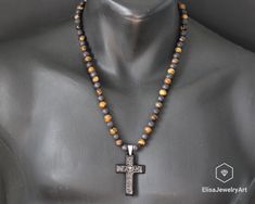 Cross Necklace & Natural Tiger Eye Black Lava Gemstone Protection Beaded Long Macrame Adjustable Necklace Gift For Men's Christmas Gift Brown Jewelry With Black Beads For Gift, Gift Brown Jewelry With Black Beads, Brown Beaded Necklaces With Black Beads For Gift, Brown Beaded Necklace With Black Beads As Gift, Brown Beaded Necklace With Black Beads For Gift, Adjustable Cross Beaded Necklaces For Gifts, Black Beaded Cross Necklaces As Gift, Tigers Eye Stone, Amber Teething Necklace