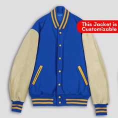 DETAILS OF JACKET The Classic Varsity Jacket Color: Royal Blue / Natural Cream Royal Blue / Gold Rib on Neck, Wrist & Bottom/Hem Two External Side Pockets Exterior Sleeve: Cowhide Leather Interior: Polyester Quilted lining / Two Internal Pockets Style: Classic Varsity Care: DRY CLEAN ONLY We can add custom embroidery, printing, or labels on these jackets as per the customer's demand. Additional charges apply. Blue Casual Leather Jacket, Casual Blue Leather Jacket With Long Sleeves, Casual Blue Long Sleeve Leather Jacket, Varsity Fitted Outerwear For College, Varsity Style Fitted Outerwear For College, Blue Varsity Jacket With Pockets, Fitted Blue Leather Jacket With Pockets, Fitted Varsity Jacket With Button Closure For College, Blue Varsity Jacket With Button Closure For College