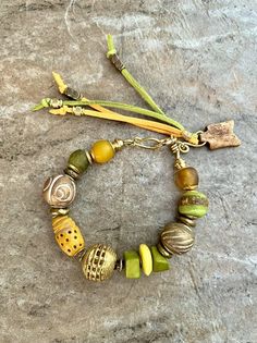 Colorful Tribal Boho Bracelet Handmade Clay, Glass and African Trade Brass Beads Fancy Crafts, Eclectic Inspiration, African Trade Bead Jewelry, Random Jewelry, Boho Jewelry Bracelet, Bohemian Chic Jewelry, African Brass Beads, Beads Inspiration, Boho Chic Accessories