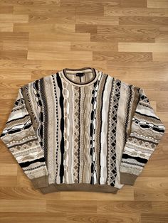 90s Coogi Outfit, Coogie Sweater Inspired Fabric, Arie Brown Sweater, Styling Knitted Sweater, Retro Oversized Crew Neck Outerwear, Retro Knit Crew Neck Outerwear, Casual Patterned Crew Neck Sweater, Brown Oversized Vintage Sweater, Oversized Brown Vintage Sweater