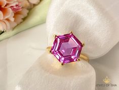 Stunning Handmade Ring With Hexagon Shape 10 mm size,  Pink Tourmaline Gemstone,  Prong Set in 925 Sterling Silver or 18k Gold Filled. Makes a Perfect Gift for your Girlfriend, Wife, Mom or Simply an Excellent Addition to Your Jewelry Collection. Delicate Pink Tourmaline Ring, Solid Handmade Hexagon Gemstone Ring, 925 Silver 18k Gold Fill, Wedding Engagement Ring, Women Everyday Ring Details:- ------------------------------------------------------------------------------------------------------------------------------------- ✪ Material: 925 Sterling Silver ✪ Material: 18k Gold Filled or Rose Gold Filled ✪ Gemstone : Pink Tourmaline  ✪ Gemstone Type : Lab Created ✪ Stone Size : 10  mm ✪ Stone Shape : Hexagon Faceted ✪ Color : Black  Handmade With Love  -------------------------------------- Octagon Ruby Ring Gift, Octagon Ruby Ring For Gift, Hexagon Gemstone Ring For Formal Occasions, Octagon Amethyst Ring With Prong Setting Gift, Asscher Cut Faceted Fine Jewelry Rings, Octagon Sapphire Ring With Bezel Setting For Wedding, Formal Hexagon Gemstone Ring, Octagon Topaz Ring Gemstone Gift, Octagon Topaz Ring As A Gift