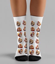 Baby Chick Socks, Chicken Socks, Funny Chicken Sock, Chicken Lover Gift, Chicken Mama Socks, Farm Theme Socks, Socks, Holiday Socks. These high-quality socks with sublimated print provide optimum comfort with style wherever one might go - a subtle accent to complement an office look or an eye-catching statement for an extravagant outfit.  NB! Dark color prints tend to make the side-seams more noticeable. .: Material: 95% polyester, 5% spandex .: 3 different sizes .: Unisex regular fit .: Ribbed tube .: Cushioned bottoms .: NB! Printed with flat sublimation method. Color discrepancy can be seen on side seams Sock Chicken, Chicken Socks, Chicken Mama, Chicken Lover Gifts, Socks Funny, Holiday Socks, Funny Chicken, Baby Chick, Chicken Humor