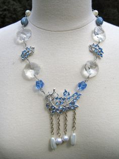 SALE - Vintage Blue Rhinestone Statement Necklace, Wedding, Jennifer Jones, Silver, Crystals, OOAK, Blue Dangle Necklaces For Wedding, Wedding Crystal Pendant Necklaces With Jewels, Wedding Crystal Pendant Necklace With Jewels, Blue Jeweled Wedding Jewelry, Blue Costume Jewelry Necklaces For Wedding, Blue Crystal Necklaces For Wedding, Blue Crystal Necklace For Wedding, Wedding Costume Jewelry Crystal Necklaces, Sterling Silver Crystal Pendant Necklace For Wedding