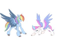 two different colored ponys standing next to each other on a white background, one with wings