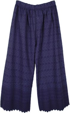 Indigo blue embroidered cotton pants with a scalloped hem and a straight leg silhouette. These densely floral embroidered pants are made from premium combed cotton fabric with moisture management, wicks moisture away and dries quickly to help keep you cool. Breathable mesh fabric because of the fine elaborate machine embroidery provides enhanced cooling. A tailored cut for a perfect fit. These pants are slightly sheer. They will be Capri length or ankle length depending on how tall you are. ; Wa Indigo Wide-leg Cotton Bottoms, Indigo Cotton Pants For Summer, Spring Cotton Indigo Pants, Summer Cotton Pants In Indigo, Indigo Cotton Wide-leg Pants, Summer Indigo Cotton Pants, Blue Straight Leg Bottoms With Floral Embroidery, Blue Floral Embroidered Wide Leg Bottoms, Indigo Cotton Pants With Elastic Waistband