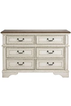 an antique white dresser with drawers and drawers on it's sides, against a white background