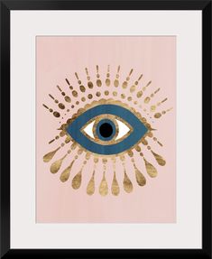 an eye with gold and blue paint on it, framed in a black wooden frame