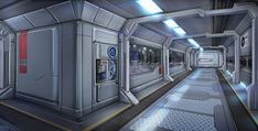 an image of a sci - fi space station corridor