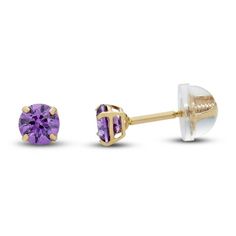 These charming stud earrings feature vibrant purple cubic zirconia and are crafted in 14K yellow gold. The earrings secure with screw backs. 14k Gold Purple Earrings With Prong Setting, Purple 14k Gold Earrings With Prong Setting, Kay Jewelers, Vibrant Purple, Gold Price, Accessories Jewelry Earrings, Earring Backs, Designer Earrings, Fashion Earrings