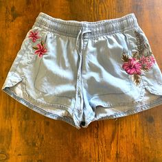 Cotton Blend, Light Material High Rise Xs Drawstring Waist Casual Cotton Bottoms With Floral Embroidery, Casual Embroidered Shorts With Relaxed Fit, Casual Embroidered Relaxed Fit Shorts, Casual Vacation Bottoms With Floral Embroidery, Casual Floral Embroidered Bottoms For Vacation, Casual Floral Embroidery Bottoms For Vacation, Embroidered Relaxed Fit Bottoms For Summer, Casual Embroidered Short Bottoms, Casual Embroidered Cotton Shorts