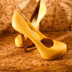 Bebe Liza Yellow High Heels. Make A Statement With Theses Sexy Heels. Heels Are 6” Yellow Heels With Padded Heel, Fitted Yellow Heels With Padded Heel, Yellow Heels With 4-inch Heel For Night Out, Chic Yellow Heels For Night Out, Elegant Yellow Platform Heels, Bold Fitted Leather Heels, Bold High Heels, Yellow High Heels, Shoes Women Heels