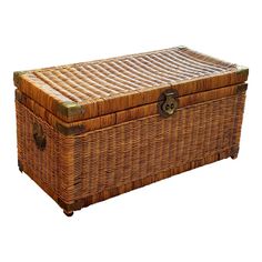 an old wicker trunk is shown on a white background