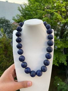 jewelry: real natural lapis lazuli necklace color: natural color--not dyed Diameter of bead: 20mm to 22.5 mm  Weight : 347 grams  body: with tiny blemish luster : high shape: round lapis grade: A---with more gold Necklace length: 21 inches the  Clasp: silver  Packing:Beautiful Pouch Blue Lapis Lazuli Necklace With Large Beads, Blue Lapis Lazuli Jewelry With Large Beads, Lapis Lazuli Beaded Necklaces With Large Beads As Gift, Lapis Lazuli Beaded Necklace With Large Beads For Gift, Handmade Sodalite Round Bead Necklaces, Handmade Blue Sodalite Necklaces, Handmade Sodalite Round Beads Necklace, Royal Blue Lapis Lazuli Necklaces With Round Beads, Royal Blue Lapis Lazuli Necklace With Round Beads