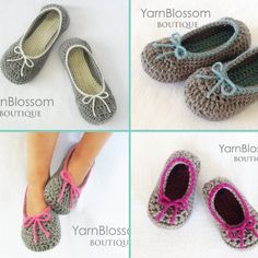 crocheted slippers are shown in four different colors and sizes, along with the names of each pair