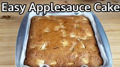 an easy appleauce cake in a pan with the words easy applesauce cake above it