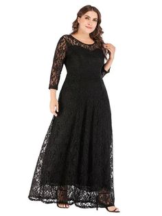 Plus Elegant Lace Maxi Evening Dress three Quarter Sleeve Black - HER Plus Size by Ench Maxi Evening Dress, Transform Yourself, White Evening Dress, Maxi Dress Prom, Black Evening Dresses, Aesthetic Women, Empire Style, Maxi Dress Evening, Lace Maxi